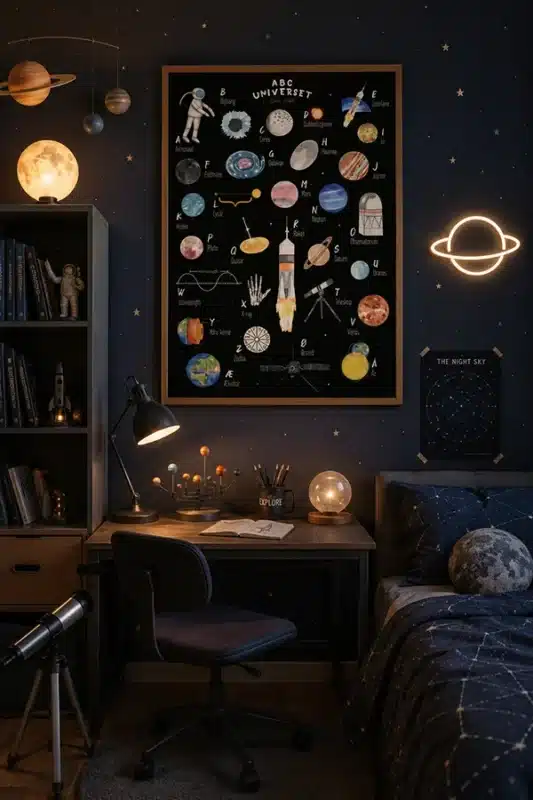 ABC Universet børneplakat med rummets alfabet fra A-Astronaut til Å-År på mørk stjernehimmel