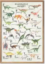 Dinosaur-alfabetplakat med farverige dinosaurer fra A til Z på lys baggrund