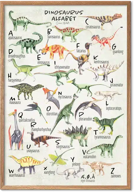 Dinosaur-alfabetplakat med farverige dinosaurer fra A til Z på lys baggrund