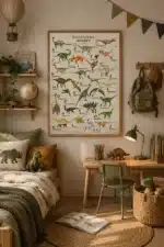 Dinosaur-alfabetplakat med farverige dinosaurer fra A til Z på lys baggrund