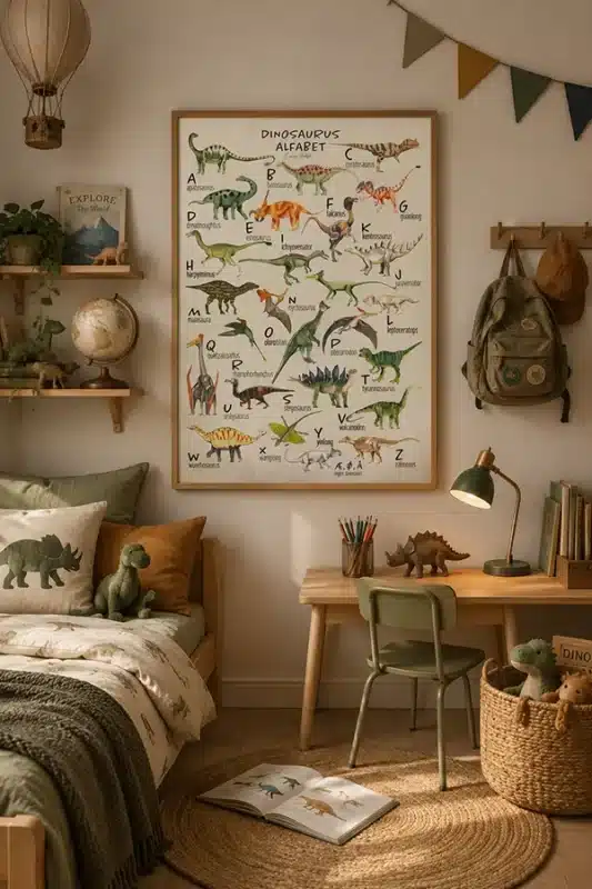 Dinosaur-alfabetplakat med farverige dinosaurer fra A til Z på lys baggrund