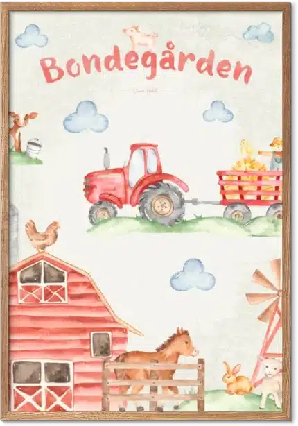 Børneplakat med rød traktor, lade og glade bondegårdsdyr i sød akvarelstil