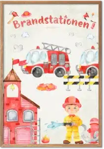 Brandmand børneplakat med brandbiler, brandstation og en lille brandmand i aktion