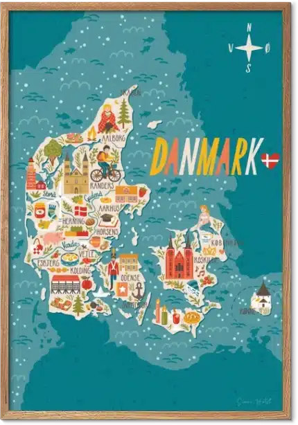 Illustreret Danmarkskort børneplakat med byer, vartegn og landsdelsoversigt