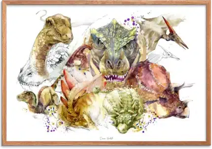 Dinosaur-kollage i akvarel med brølende T-Rex i centrum omgivet af mange arter