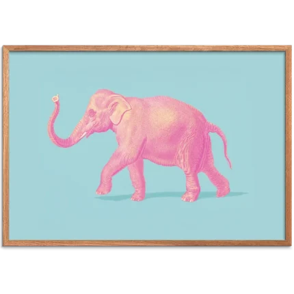 Pop art plakat med en pink elefant med løftet snabel på en lyseblå baggrund
