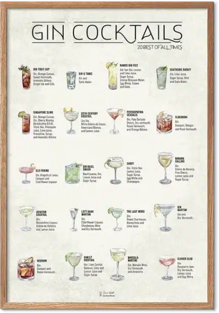 Gin cocktails plakat med klassiske gin-drinks og opskrifter