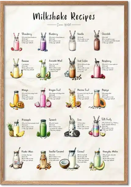 Milkshake plakat med opskrifter på klassiske milkshakes – køkkenkunst