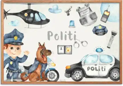 Børneplakat med betjent, politihund, politibil, helikopter og udstyr i akvarel
