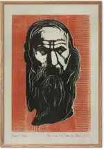 Munch-træsnit Head of an Old Man with Beard med sort skægget ansigt mod rustrød stribet baggrund