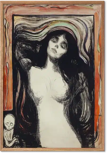 Munchs Madonna-plakat med kvindeskikkelse med bølgende mørkt hår i varme røde og orange toner