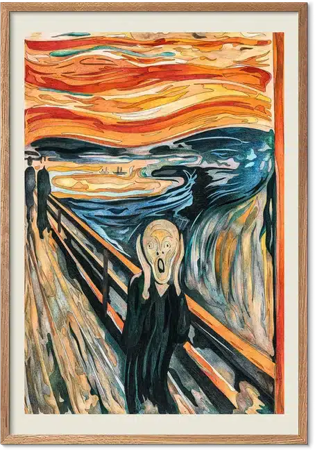 Munchs The Scream i farver med skrigende skikkelse på bro under flammende orange og rød himmel