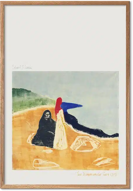 Munch-træsnit Two Women on the Shore med ung kvinde i hvidt og ældre i sort ved blåt hav