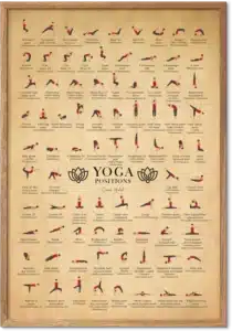 Yoga-plakat i vintagestil med ca. 100 yogastillinger i rødt, hver med navn og sanskrit, på kraftpapir
