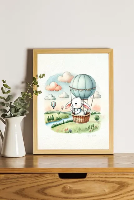 Børneplakat med kanin i luftballon.