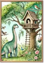 Sød grøn brachiosaurus ved et fugletræhus med blomster og fugle i tegneseriestil