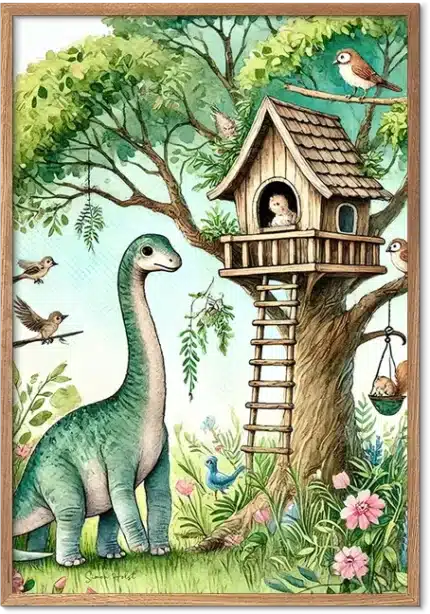 Sød grøn brachiosaurus ved et fugletræhus med blomster og fugle i tegneseriestil