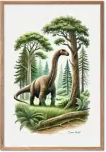 Brachiosaurus i en frodig skov af høje træer og bregner i naturtro akvarelstil