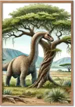 Brachiosaurus strækker halsen op ad et træ på savannen i naturtro akvarel