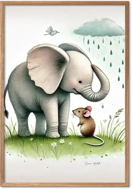 Elefant og mus Akvarelplakat