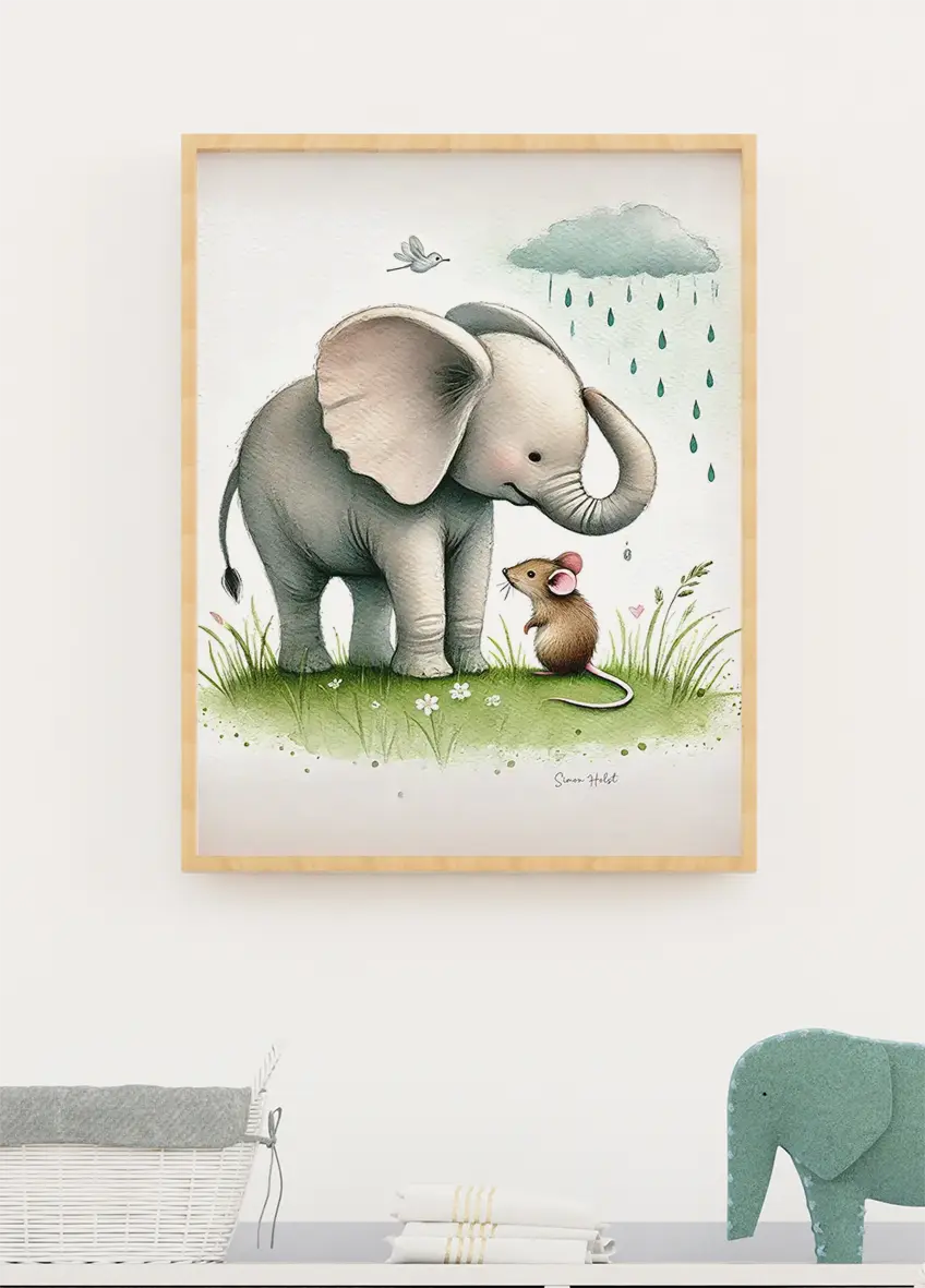 Elefant og mus akvarelplakat.