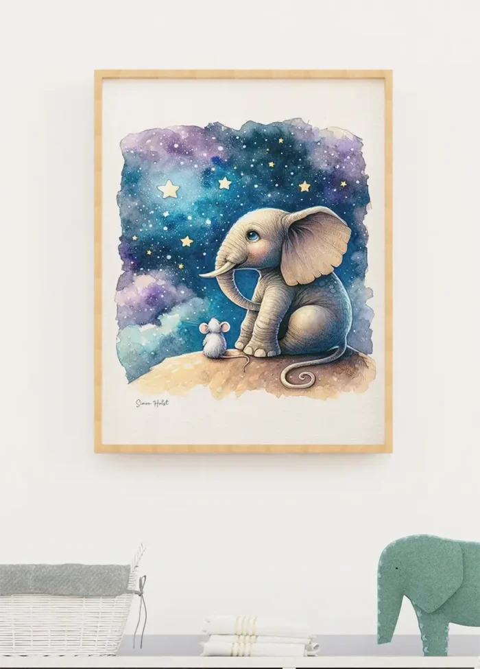 Elefant og mus kigger på stjernehimmel.