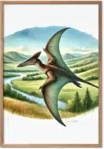 Pterodactyl glider over grønne bakker og en flod i blød akvarelstil