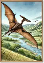 Pterodactyl med stort vingefang over en grøn dal med flod i naturtro akvarel