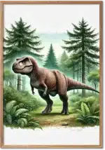 T-Rex i en tåget nåleskov i naturtro og stemningsfuld akvarelstil