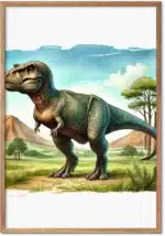 T-Rex på den åbne savanne under blå himmel i naturtro akvarelstil
