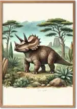 Triceratops i frodig forhistorisk jungle med palmer i detaljeret akvarel