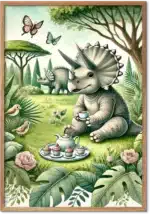 Sød triceratops til teselskab i haven med sommerfugle og kager i tegneseriestil