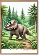 Triceratops på skovstien i en grøn nåleskov i naturtro akvarelstil