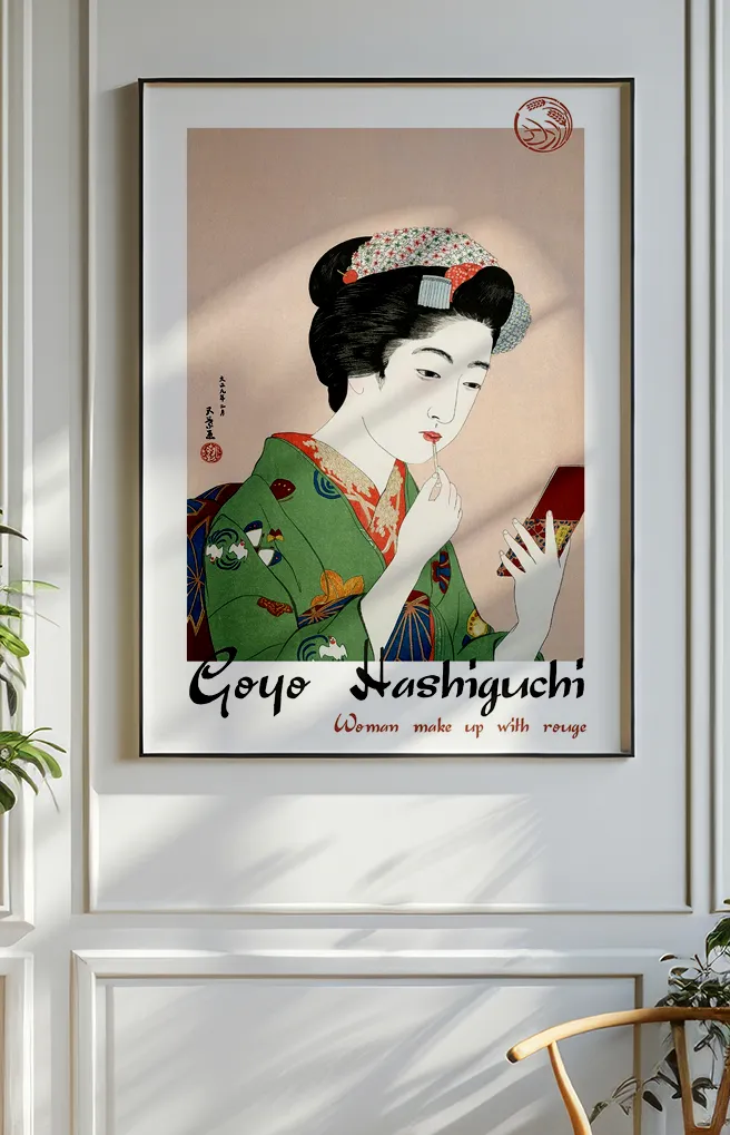 Woman Make Up with Rouge – Japansk Træsnit af Goyo Hashiguchi