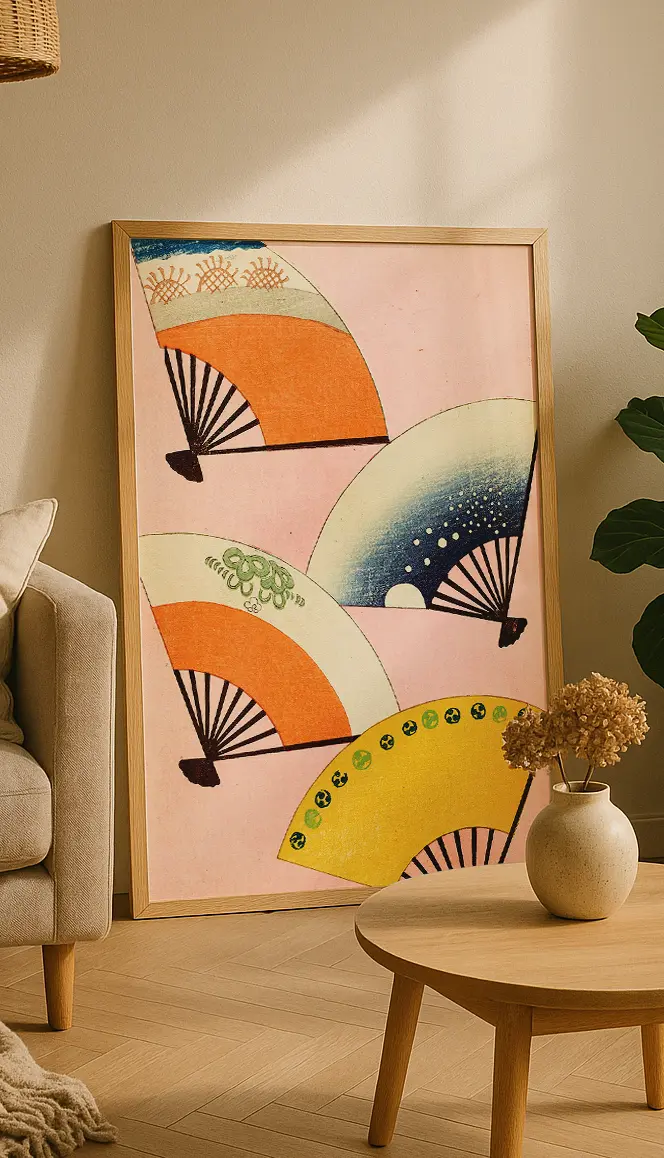 Japansk kunstplakat med vifter fra Furuya Kōrin