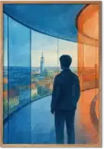 Silhuet i ARoS regnbuepanorama med blåt og orange glas over Aarhus' tage