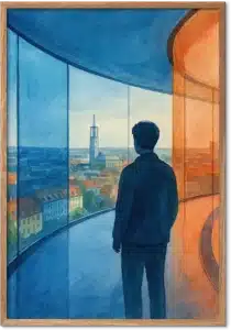 Silhuet i ARoS regnbuepanorama med blåt og orange glas over Aarhus' tage