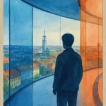 Aros Plakat med mand der kigger på Aarhus fra Aros' regnbuen