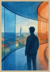 Aros Plakat med mand der kigger på Aarhus fra Aros' regnbuen