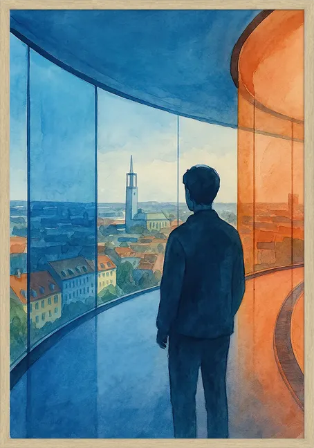 Aros Plakat med mand der kigger på Aarhus fra Aros' regnbuen