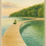 Den Uendelige Bro Plakat med udsigten fra den Århusianske badebro, hvor en politimand sidder og spiser en is.