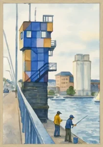 Limfjordsbroen Plakat i akvarel format med 2 mænd, der fisker ved broen.