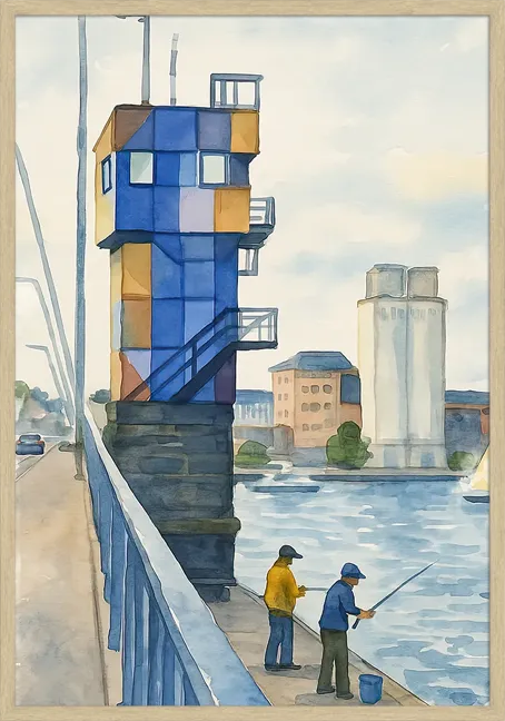 Limfjordsbroen Plakat i akvarel format med 2 mænd, der fisker ved broen.