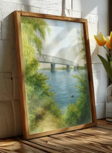 Middelfart Plakat i akvarel format, hvor et marsvin svømmer gennem lillebælt bugt, men man kan se den gamle lillebæltsbro i baggrunden.