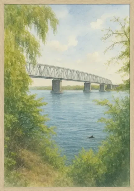 Middelfart Plakat i akvarel format, hvor et marsvin svømmer gennem lillebælt bugt, men man kan se den gamle lillebæltsbro i baggrunden.