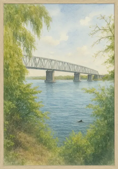 Middelfart Plakat i akvarel format, hvor et marsvin svømmer gennem lillebælt bugt, men man kan se den gamle lillebæltsbro i baggrunden.