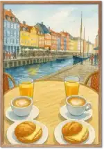 Nyhavns farverige facader bag to cappuccinoer og ostemadder ved kanalens kant