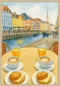 Nyhavn Plakat i akvarel toner, hvor man ser et cafébord med bmo, café latte og juice, samt bylivet i baggrunden.