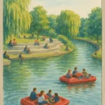 Odense Plakat med udsigt over Munkemose, hvor familier driver rundt i vandcykler og mennesker soler sig.