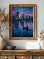 Vejle Plakat med en mand der sejler i kayak med udsigt over Bølgen i Vejle.